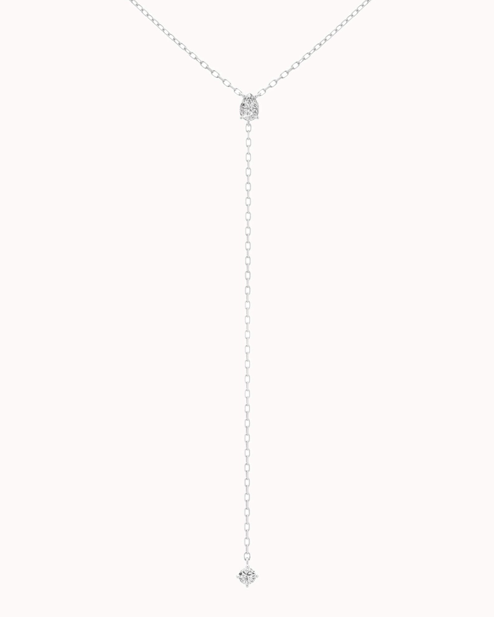 Kaia pear diamond tie necklace in solid white gold by Anate, front view