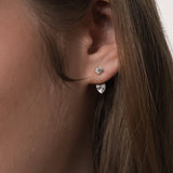 Model wearing the Nia heart diamond ear jacket earrings in solid yellow gold by Anate, worn on ear variant--0.50ct
