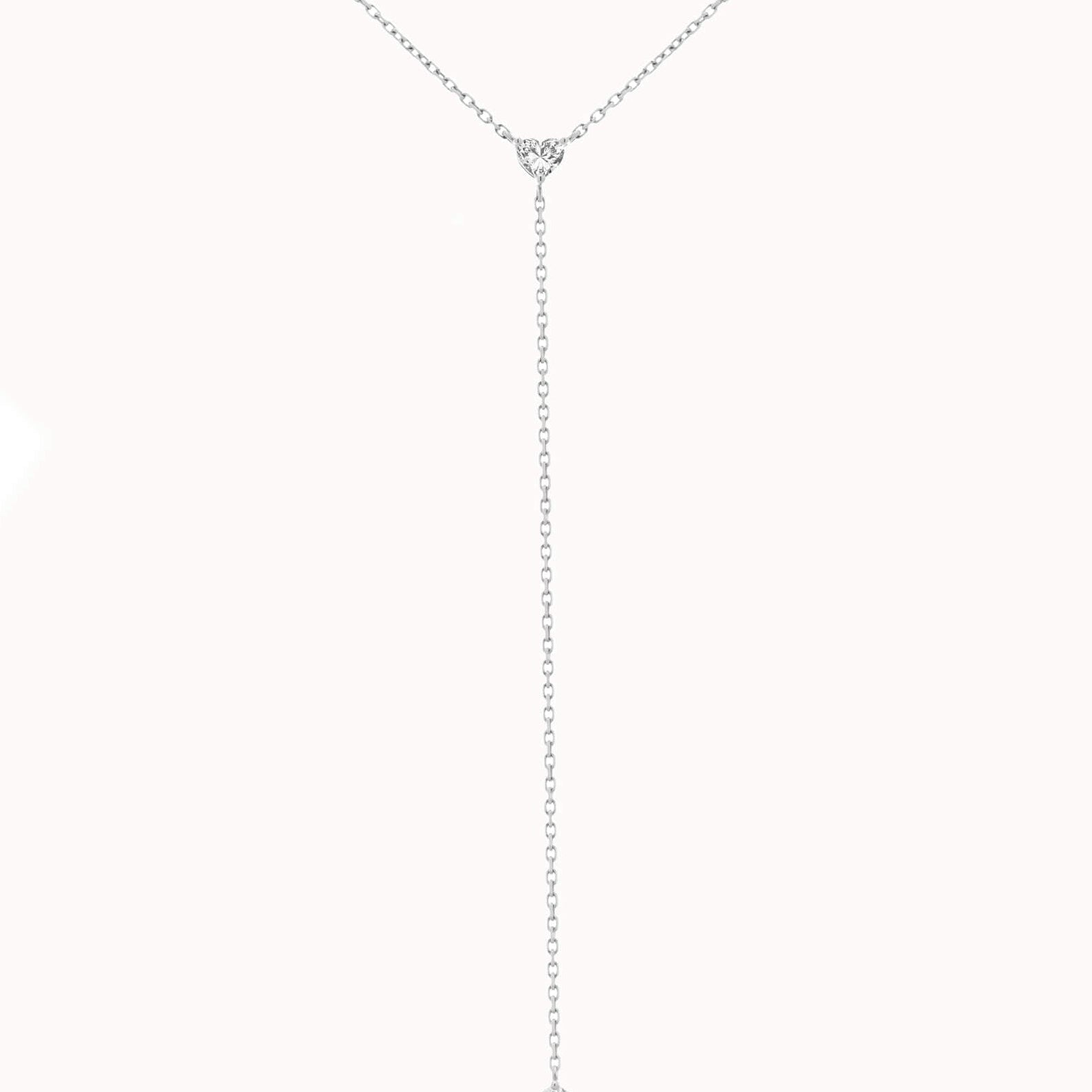 Amara heart diamond tie necklace in solid white gold by Anate, close-up of the pendant