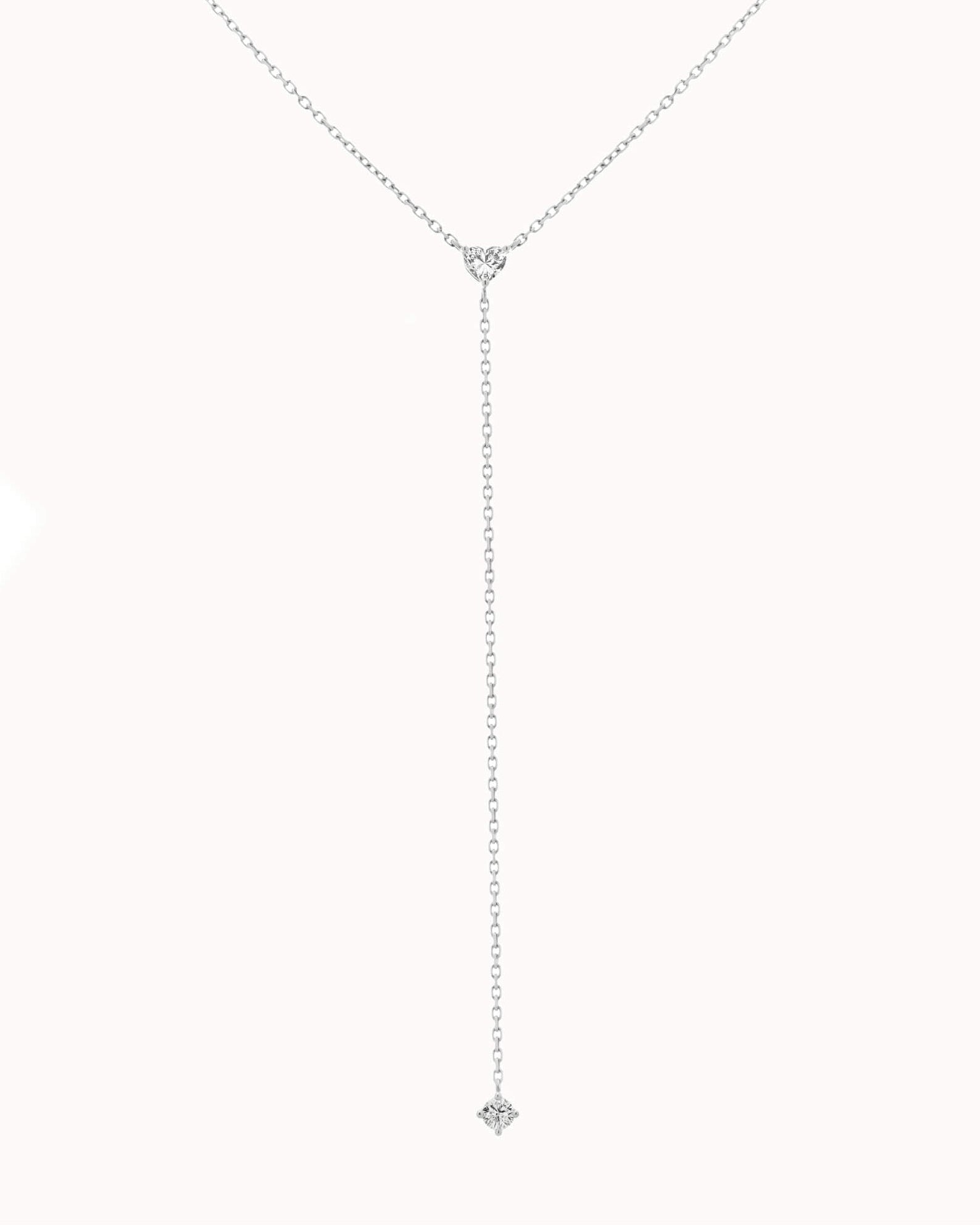 Amara heart diamond tie necklace in solid white gold by Anate, close-up of the pendant