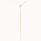 Amara heart diamond tie necklace in solid yellow gold by Anate, close-up of the pendant