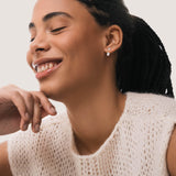Model wearing the Elin oval diamond ear jacket earrings in solid white gold by Anate, worn on model, close-up variant--0.50ct