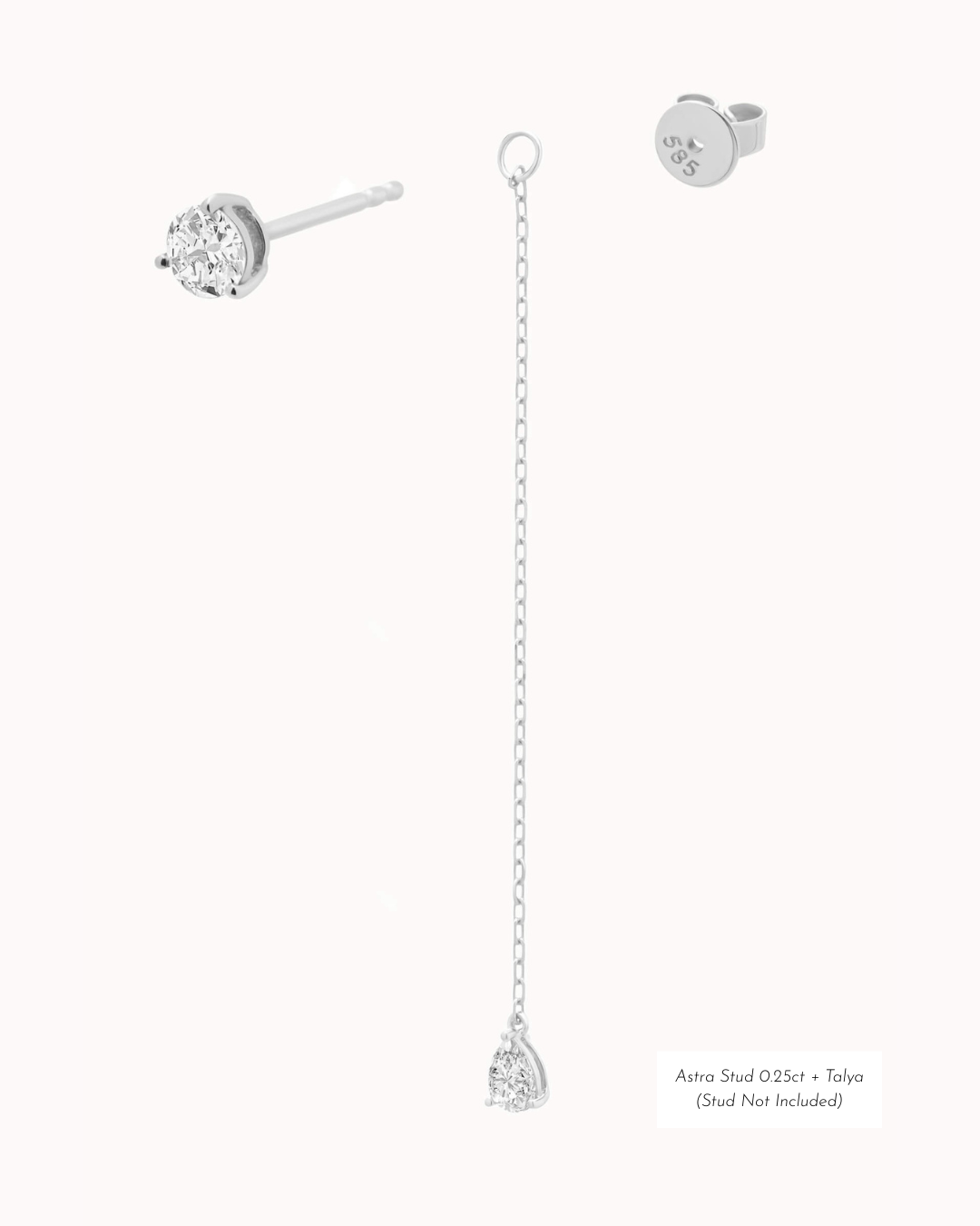Talya pear diamond drop earrings in solid white gold by Anate, flat-lay studio shot