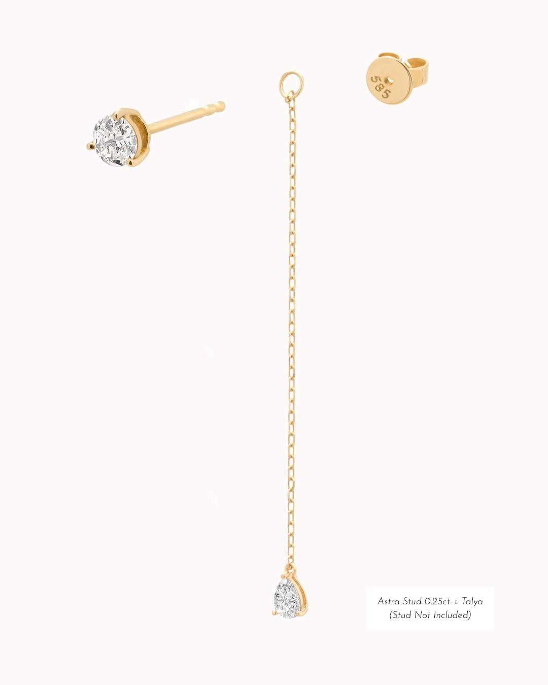 Talya pear diamond drop earrings in solid yellow gold by Anate, flat-lay studio shot