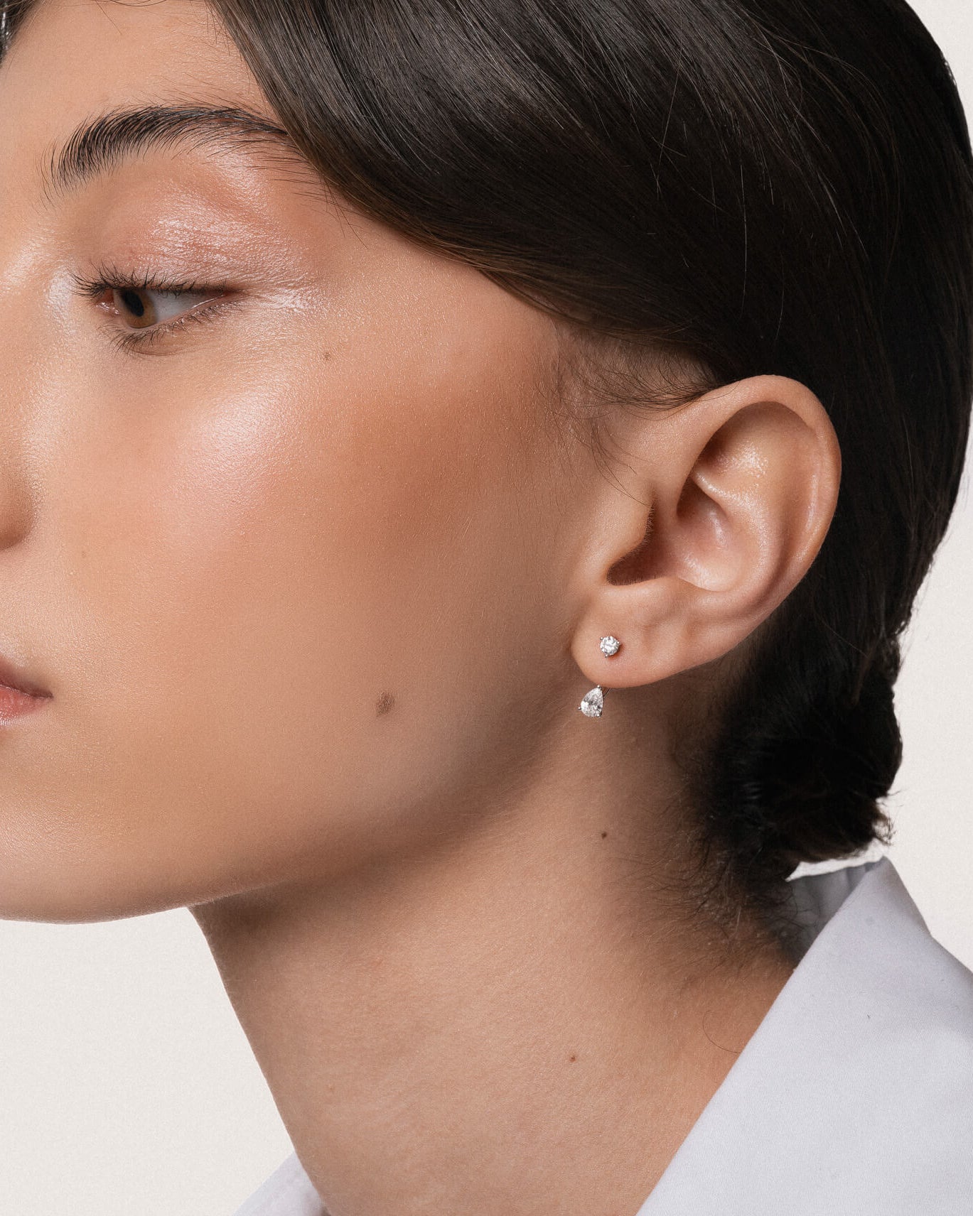 Pear Diamond Ear Jacket Earrings - Solid White Gold - Nara