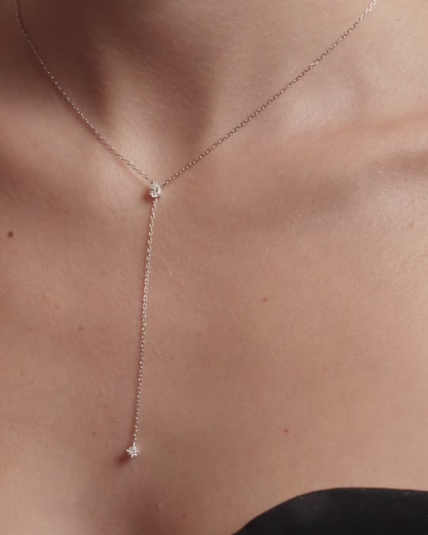 Kaia pear diamond tie necklace in solid white gold by Anaté, product video
