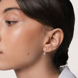 Model wearing the Astra round diamond stud earrings in solid white gold by Anate, worn on model, portrait shot variant--0.10ct