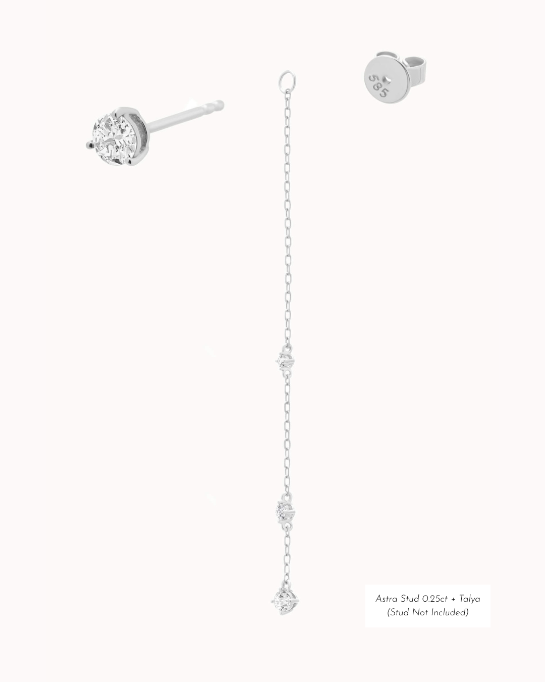 Aura round diamond drop earrings in solid white gold by Anate, flat-lay studio shot