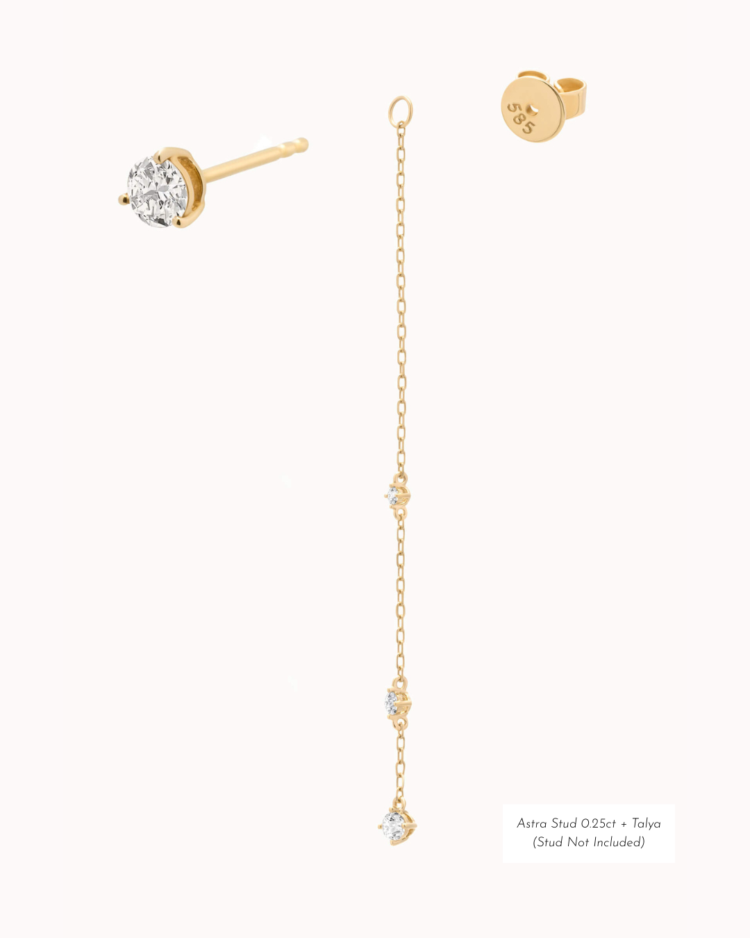 Aura round diamond drop earrings in solid yellow gold by Anate, flat-lay studio shot